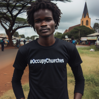 KENYAN YOUTH WITH A BLACK TSHIRT WRITTEN #OCCUPYCHURCHES. 
