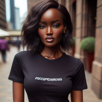Beautiful KENYAN  YOUTH woman WITH A BLACK TSHIRT WRITTEN #OCCUPYCHURCHES. 